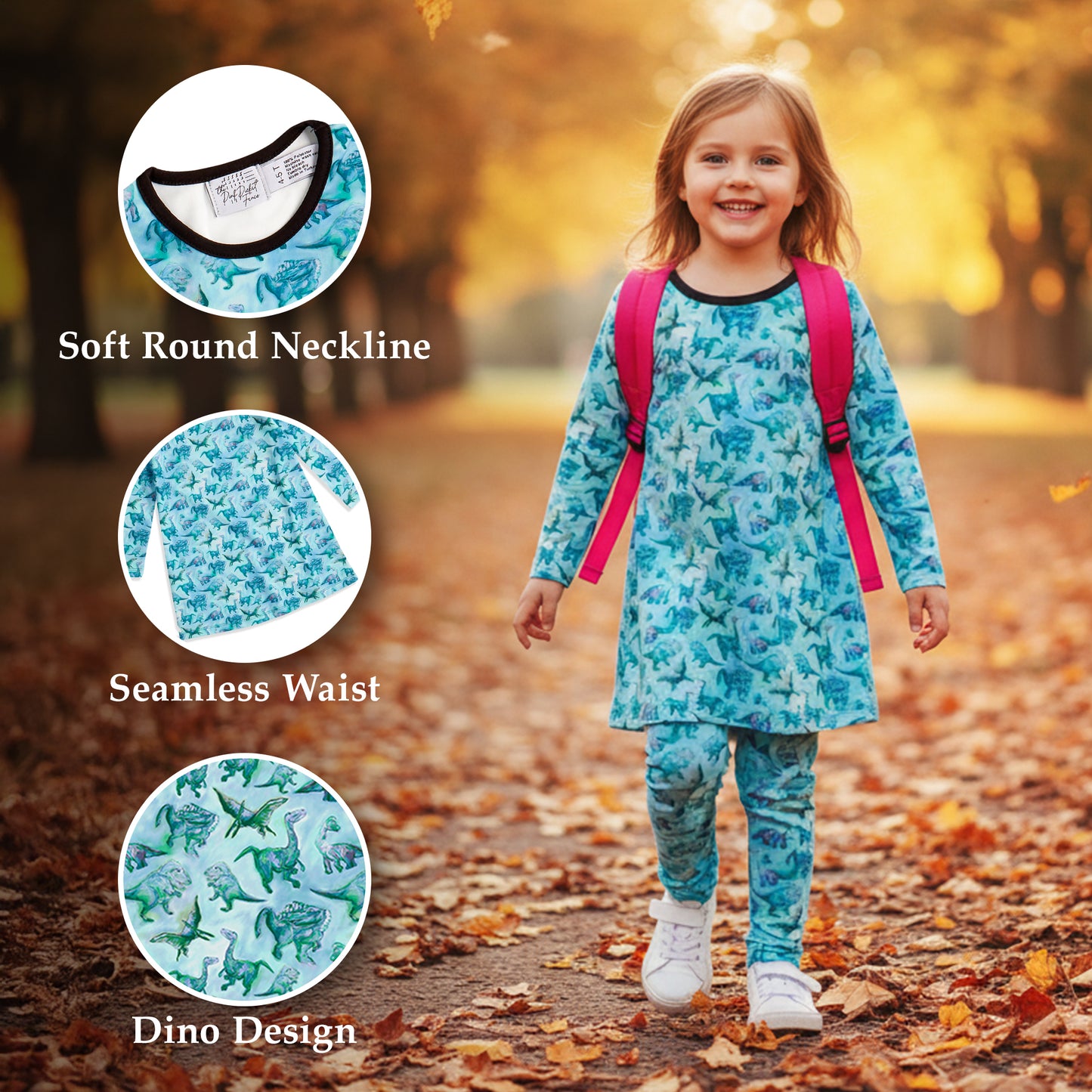 The Pink Picket Fence - Suzie Dinosaur Hoodie, Dress, and Leggings Set in Blue