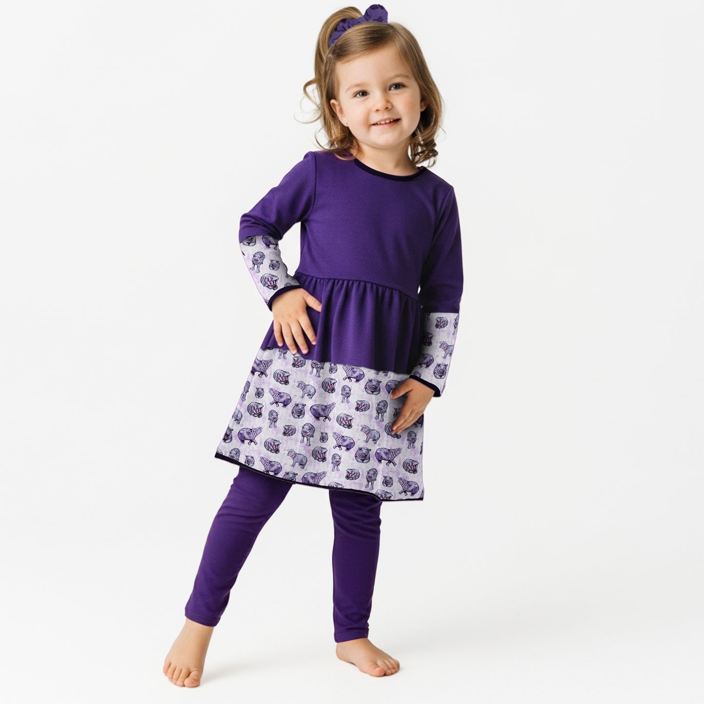 Lulu Hippo Twirl Dress, scrunchie, and leggings set
