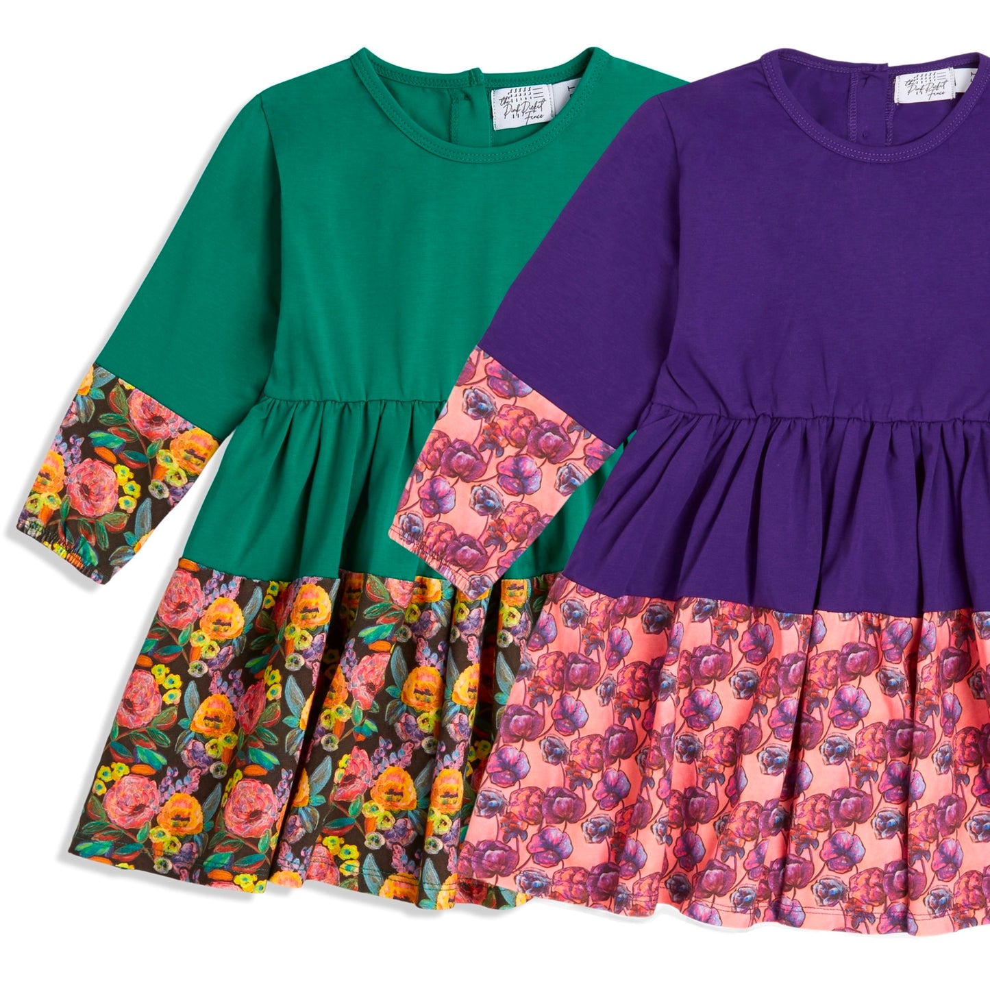 The Pink Picket Fence Louise Twirl Dress 2-Pack – Soft Cotton Floral Dresses for Girls – Green & Purple – 1 of Each – Sensory-Friendly