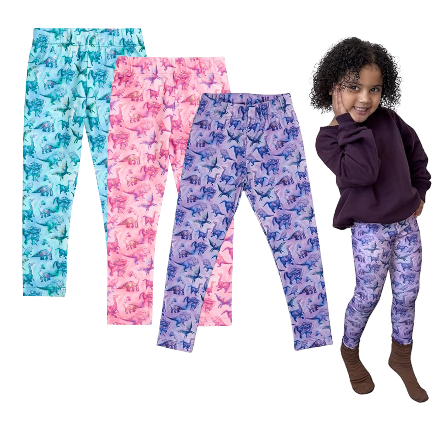 Girls Dinosaur Leggings 3-Pack – Soft Cotton Sensory-Friendly Toddler Leggings – Pink, Purple & Blue – For Toddlers and Little Girls