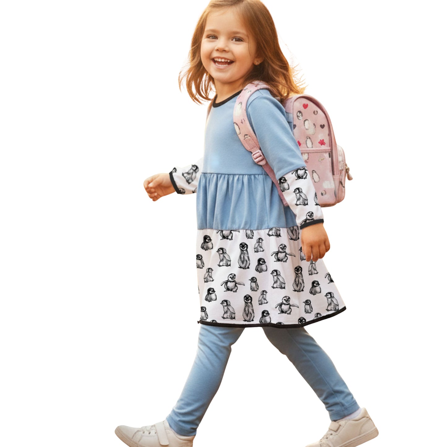 Penny Penguin Girls Twirly Dress Matching Set | Girls Headband and Scrunchie | Girls Play Dresses | Penguin Dresses