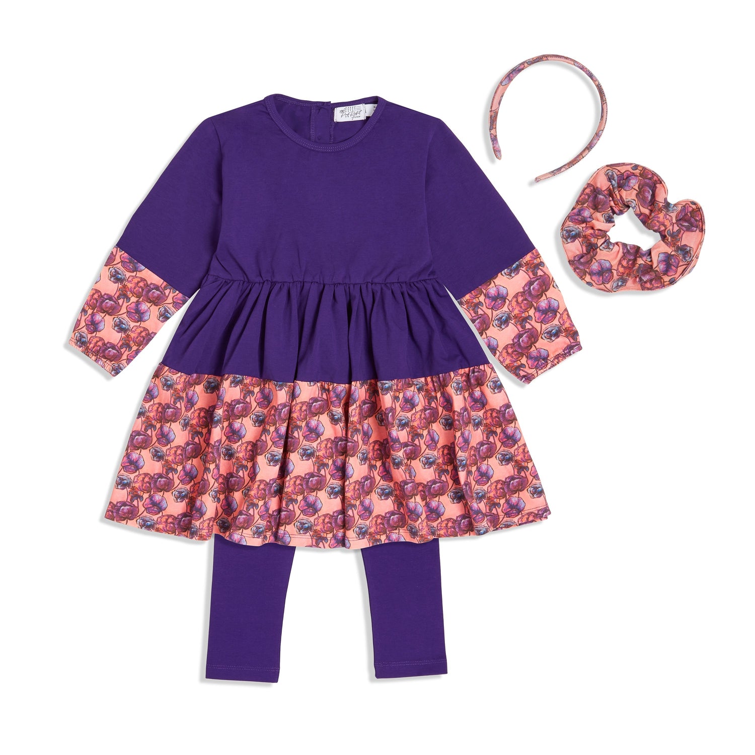 Purple Louise Twirl Dress / Outfit for girls featuring vibrant floral print, perfect for playtime and special occasions.