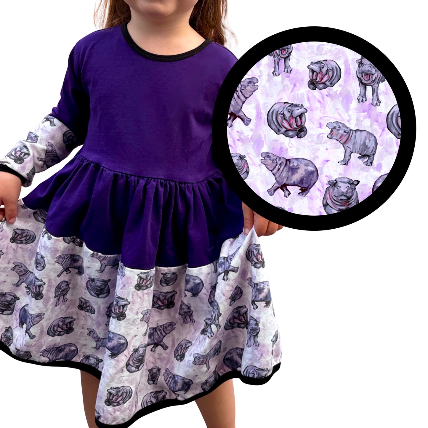 Lulu Hippo Twirl Dress, scrunchie, and leggings set