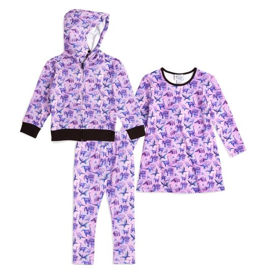 The Pink Picket Fence - Suzie Dinosaur Hoodie, Dress, and Leggings Set in Purple