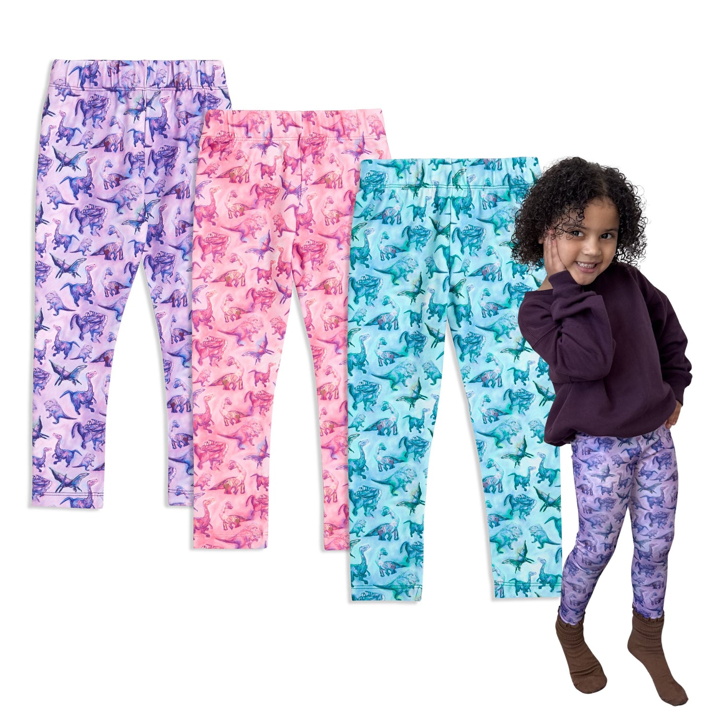 Girls Dinosaur Leggings 3-Pack – Soft Sensory-Friendly Toddler Leggings – Pink, Purple & Blue – For Toddlers and Little Girls