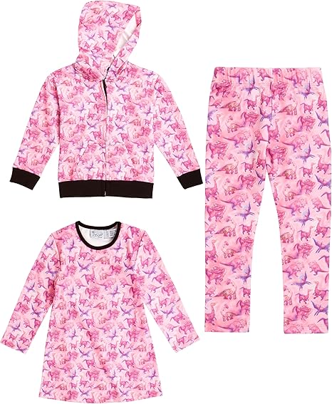 The Pink Picket Fence - Suzie Dinosaur Hoodie, Dress, and Leggings Set in Pink