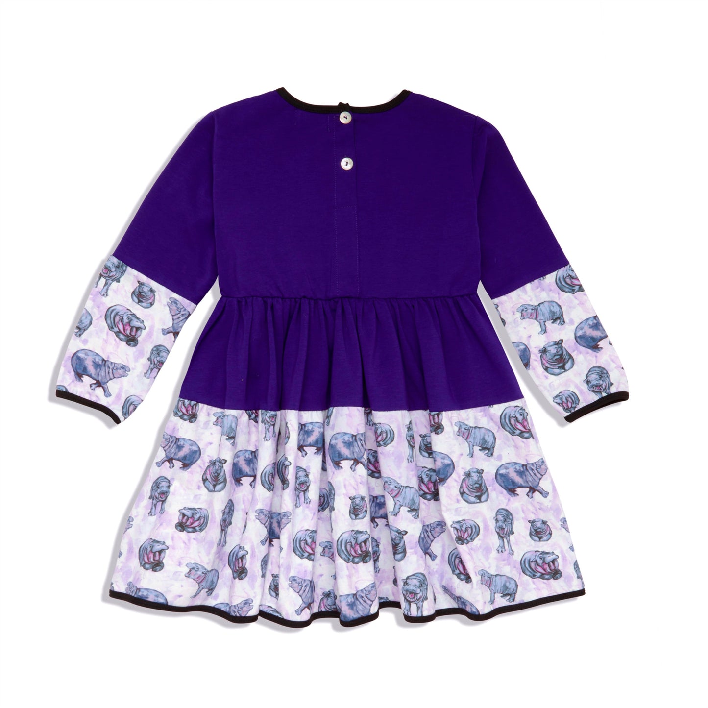 Flat lay of the back of a purple hippo dress with long sleeves, showcasing the twirl-friendly silhouette and button closure.