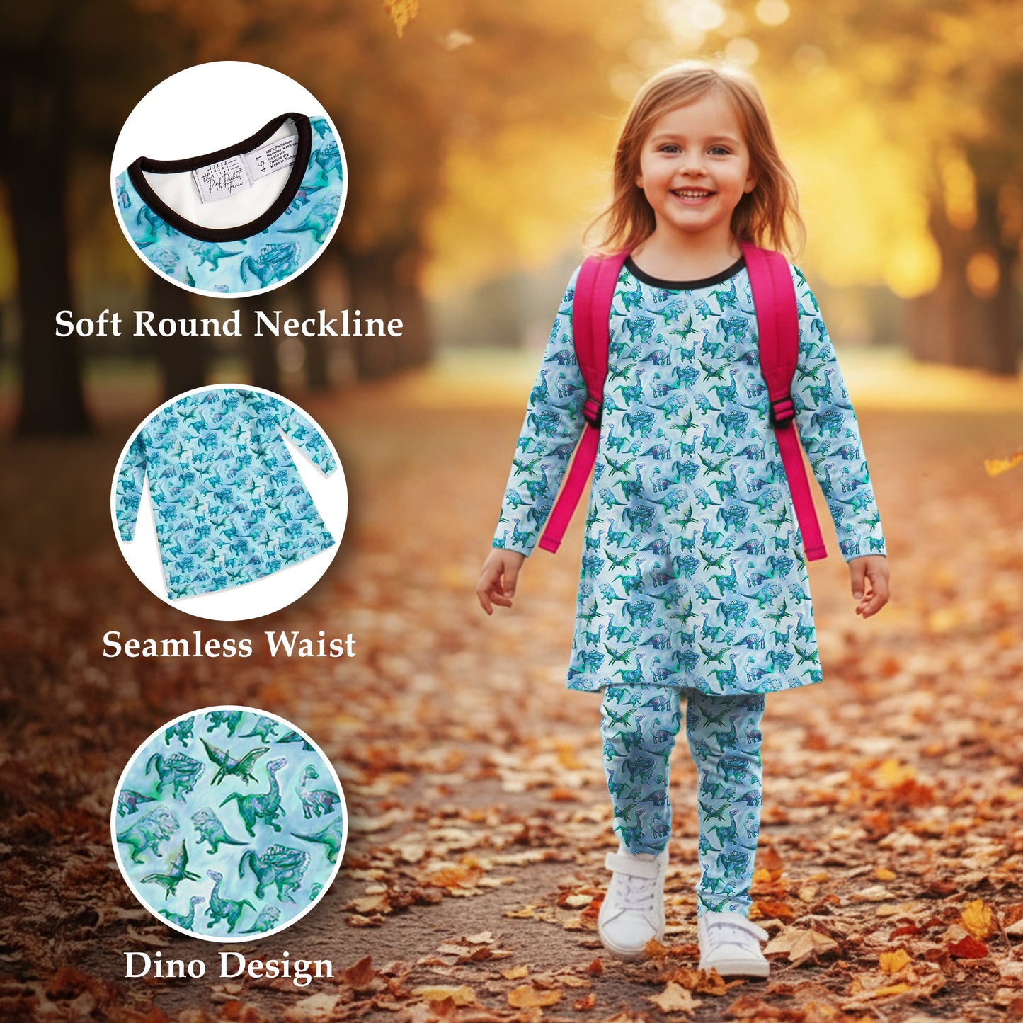 The Pink Picket Fence - Suzie Dinosaur Hoodie, Dress, and Leggings Set in Blue