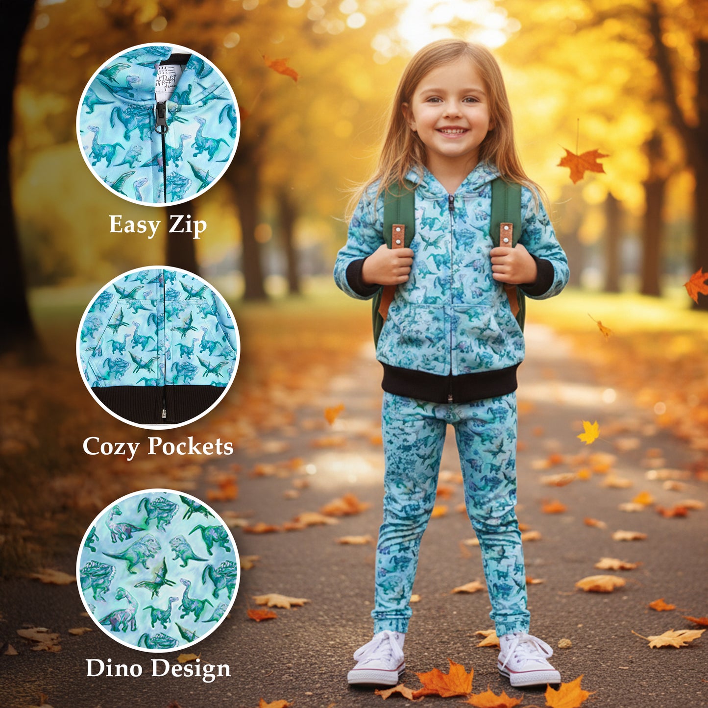 Suzie Dinosaur Hoodie | Girls Playwear | Dinosaur Clothes | Great for Texture-Sensitive Kids | Available in 3 Colors