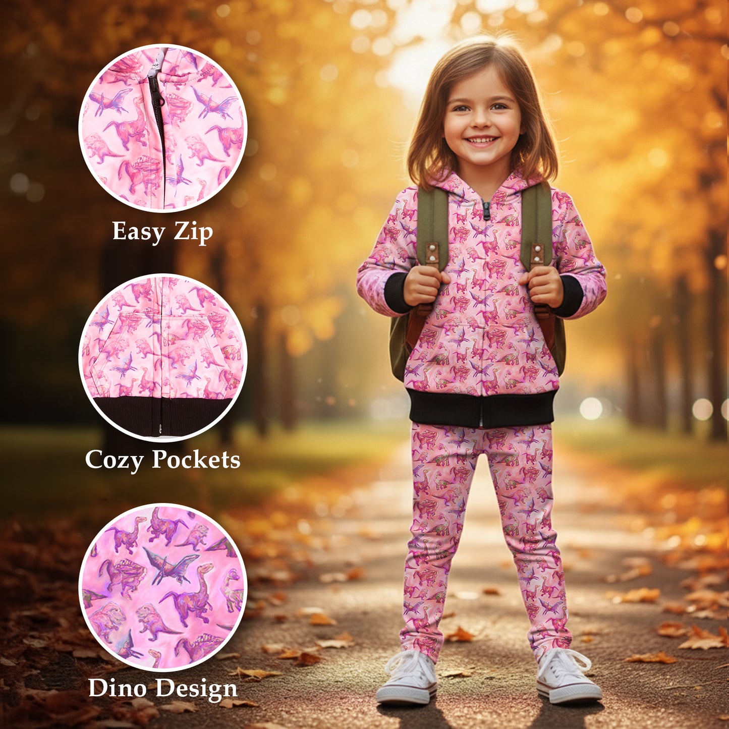 Suzie Dinosaur Hoodie | Girls Playwear | Dinosaur Clothes | Great for Texture-Sensitive Kids | Available in 3 Colors