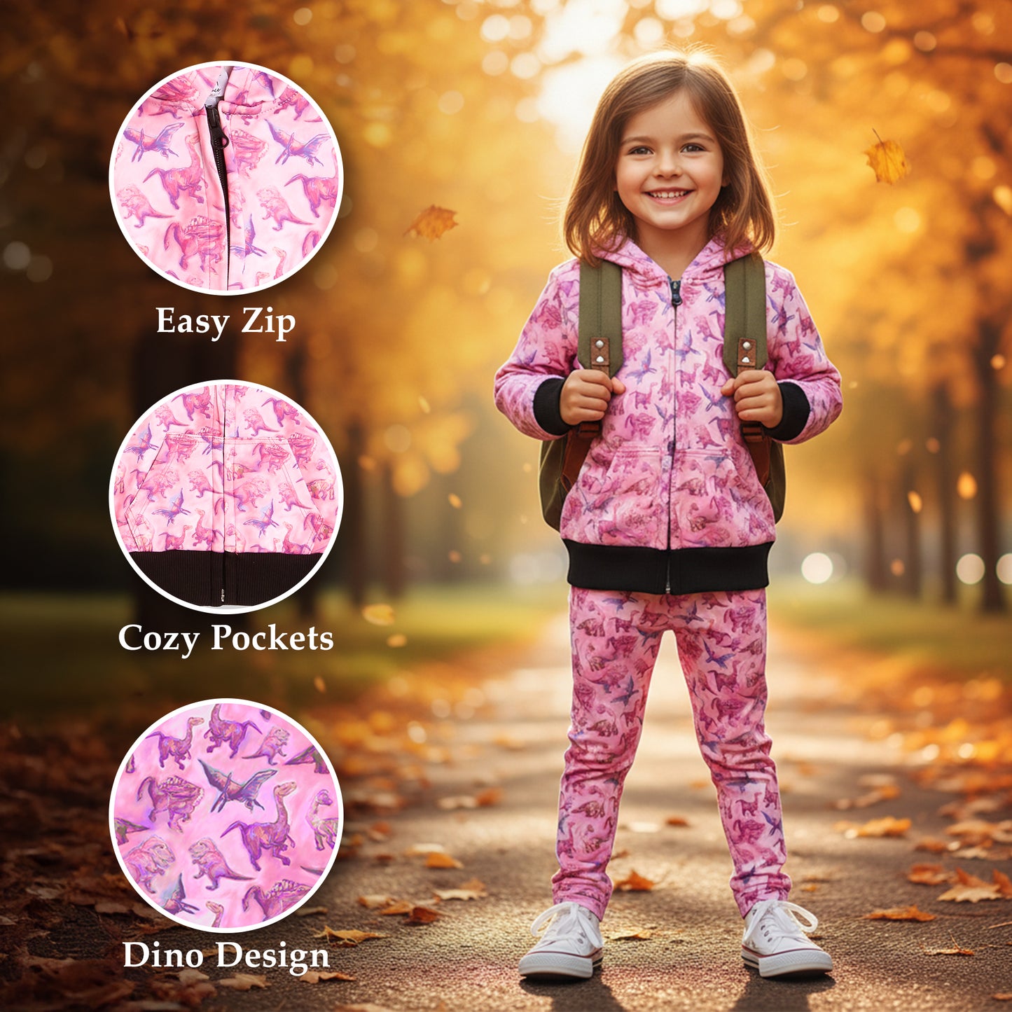 Suzie Dinosaur Hoodie | Girls Playwear | Dinosaur Clothes | Great for Texture-Sensitive Kids | Available in 3 Colors