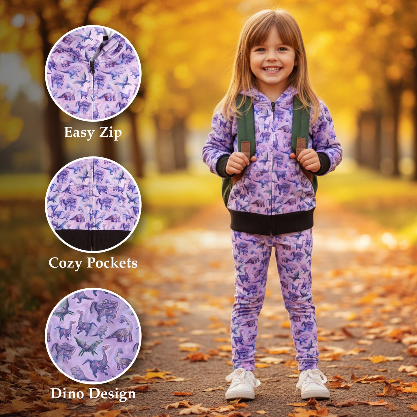 Suzie Dinosaur Hoodie | Girls Playwear | Dinosaur Clothes | Great for Texture-Sensitive Kids | Available in 3 Colors