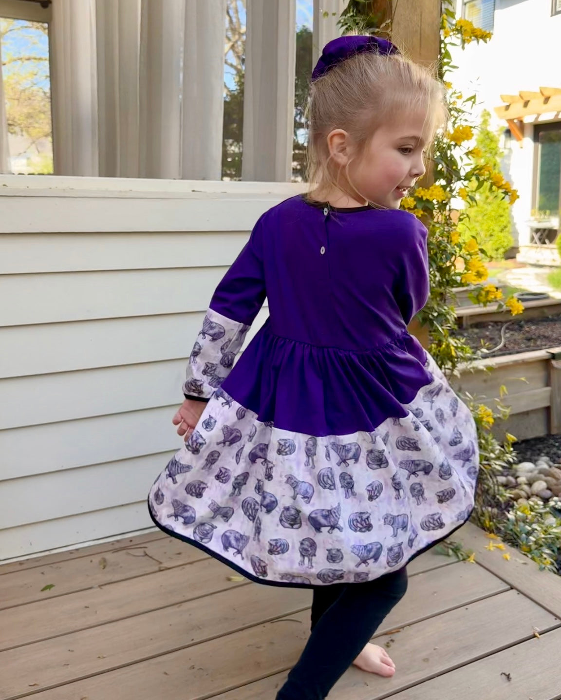 Lulu Hippo Twirl Dress for Girls Ages 2 to 6 - Girls Cotton Hippo Print Twirl Dress, Purple, White, and Pink with Long Sleeve