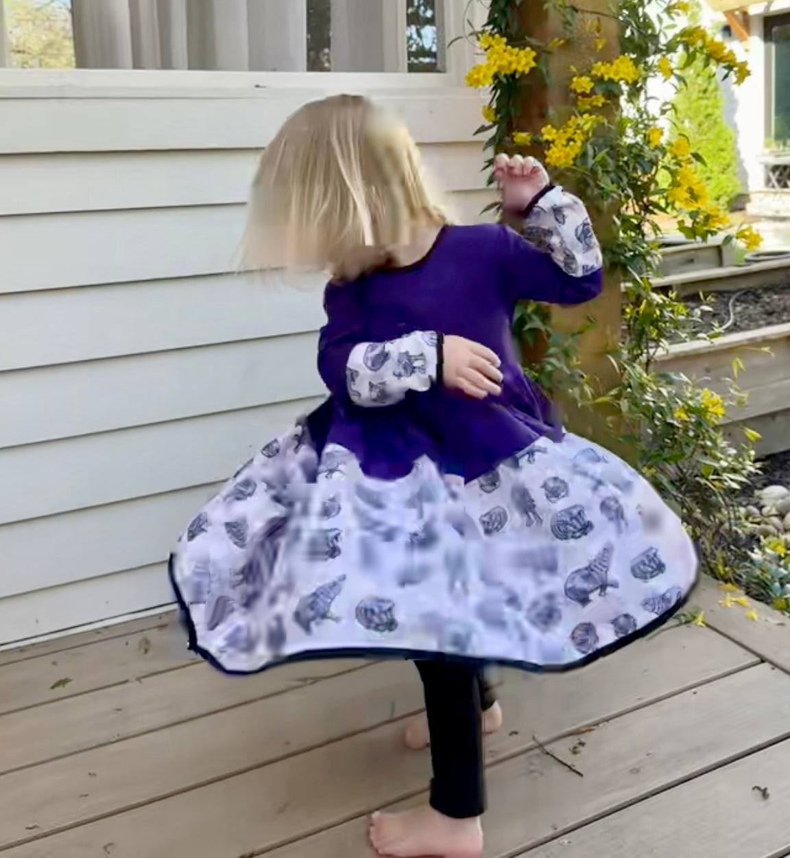 Lulu Hippo Twirl Dress for Girls Ages 2 to 6 - Girls Cotton Hippo Print Twirl Dress, Purple, White, and Pink with Long Sleeve