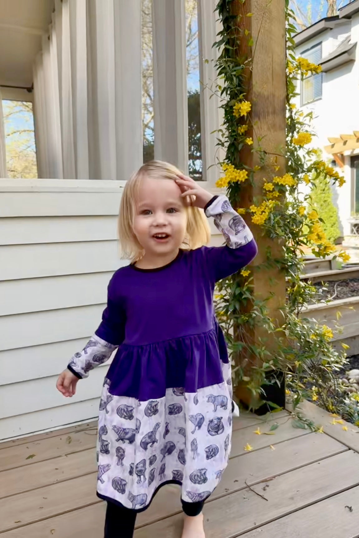 Lulu Hippo Twirl Dress for Girls Ages 2 to 6 - Girls Cotton Hippo Print Twirl Dress, Purple, White, and Pink with Long Sleeve