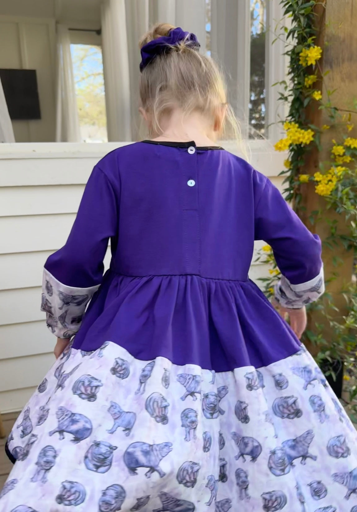Lulu Hippo Twirl Dress for Girls Ages 2 to 6 - Girls Cotton Hippo Print Twirl Dress, Purple, White, and Pink with Long Sleeve