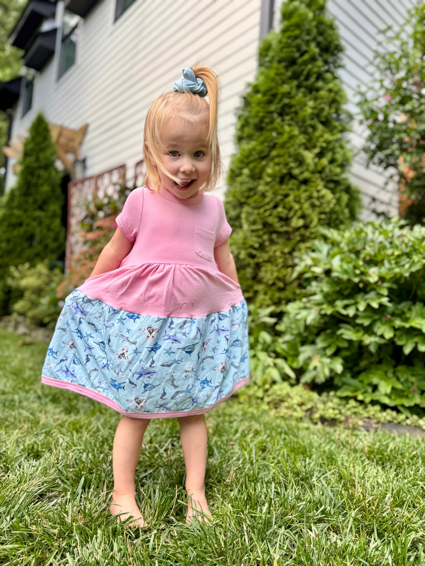 Sparky Shark Twirl Dress for Ages 18 months to 8 Years with Scrunchie
