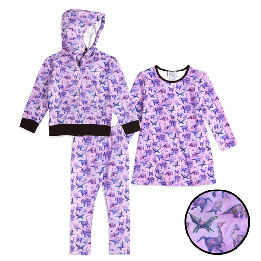The Pink Picket Fence - Suzie Dinosaur Hoodie, Dress, and Leggings Set in Purple