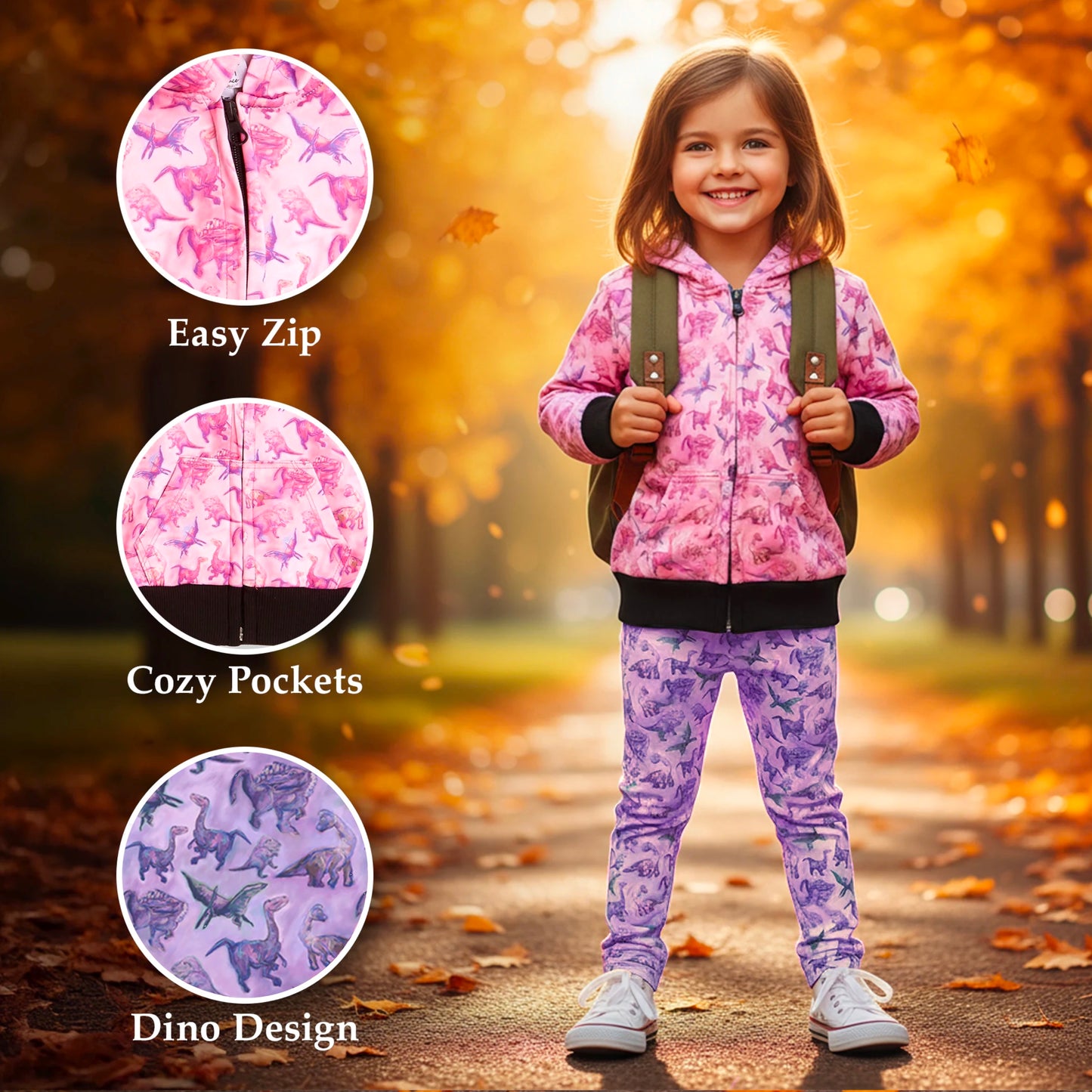Dino Hoodie and Leggings Set (Pink Hoodie x Purple Leggings)