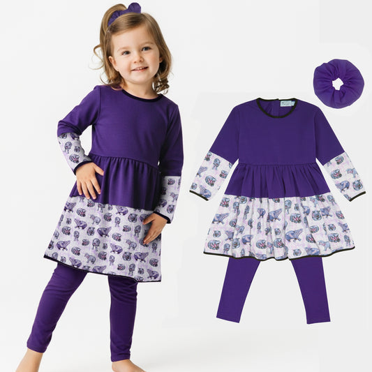Lulu Hippo Twirl Dress, scrunchie, and leggings set
