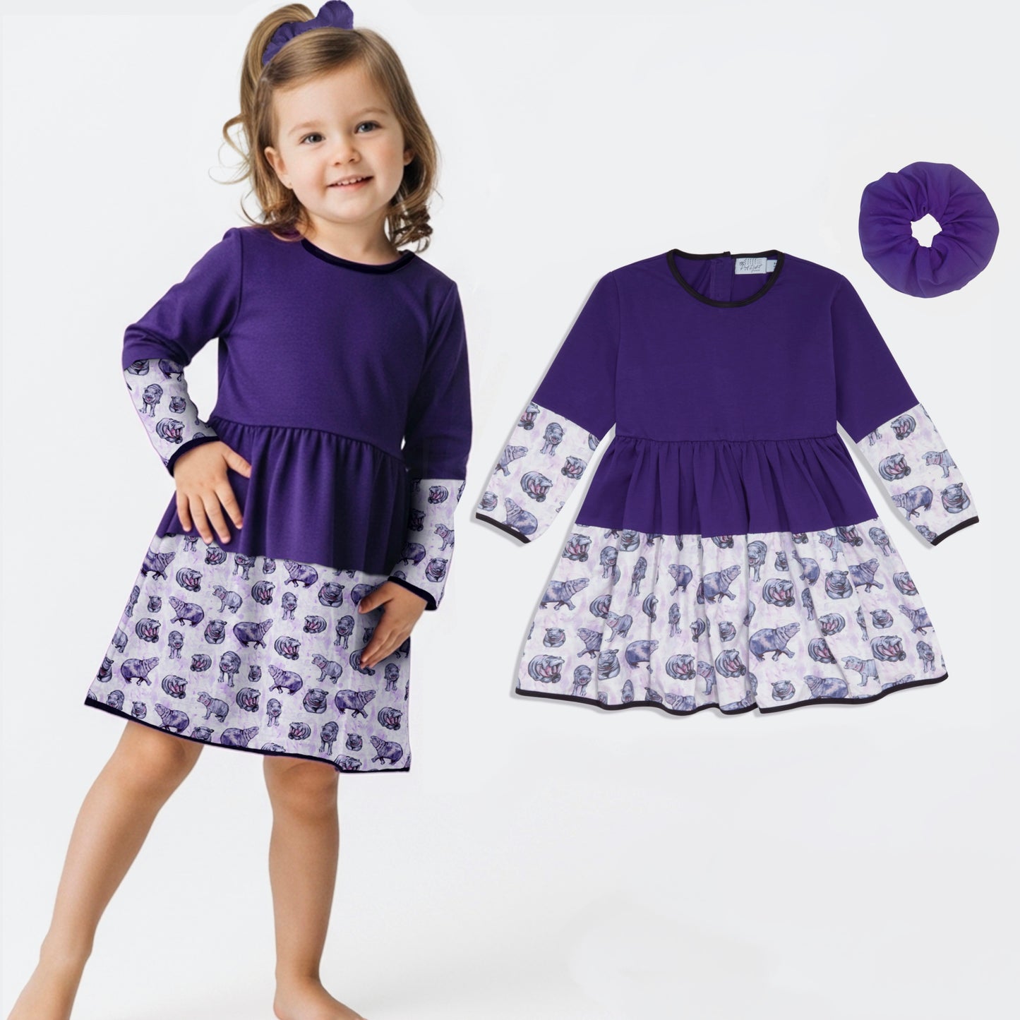 Lulu Hippo Twirl Dress for Girls Ages 2 to 6 - Girls Cotton Hippo Print Twirl Dress, Purple, White, and Pink with Long Sleeve