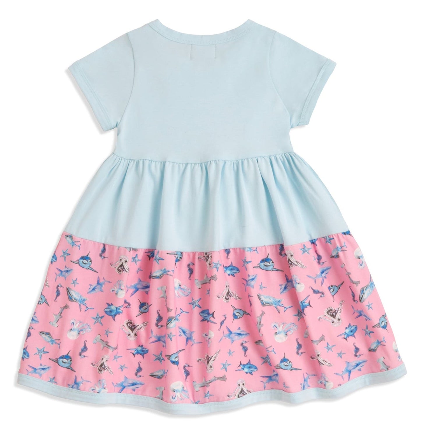Back view flat lay of blue Sparky Shark girls dress – short-sleeve cotton twirl dress with hand-painted sea creatures