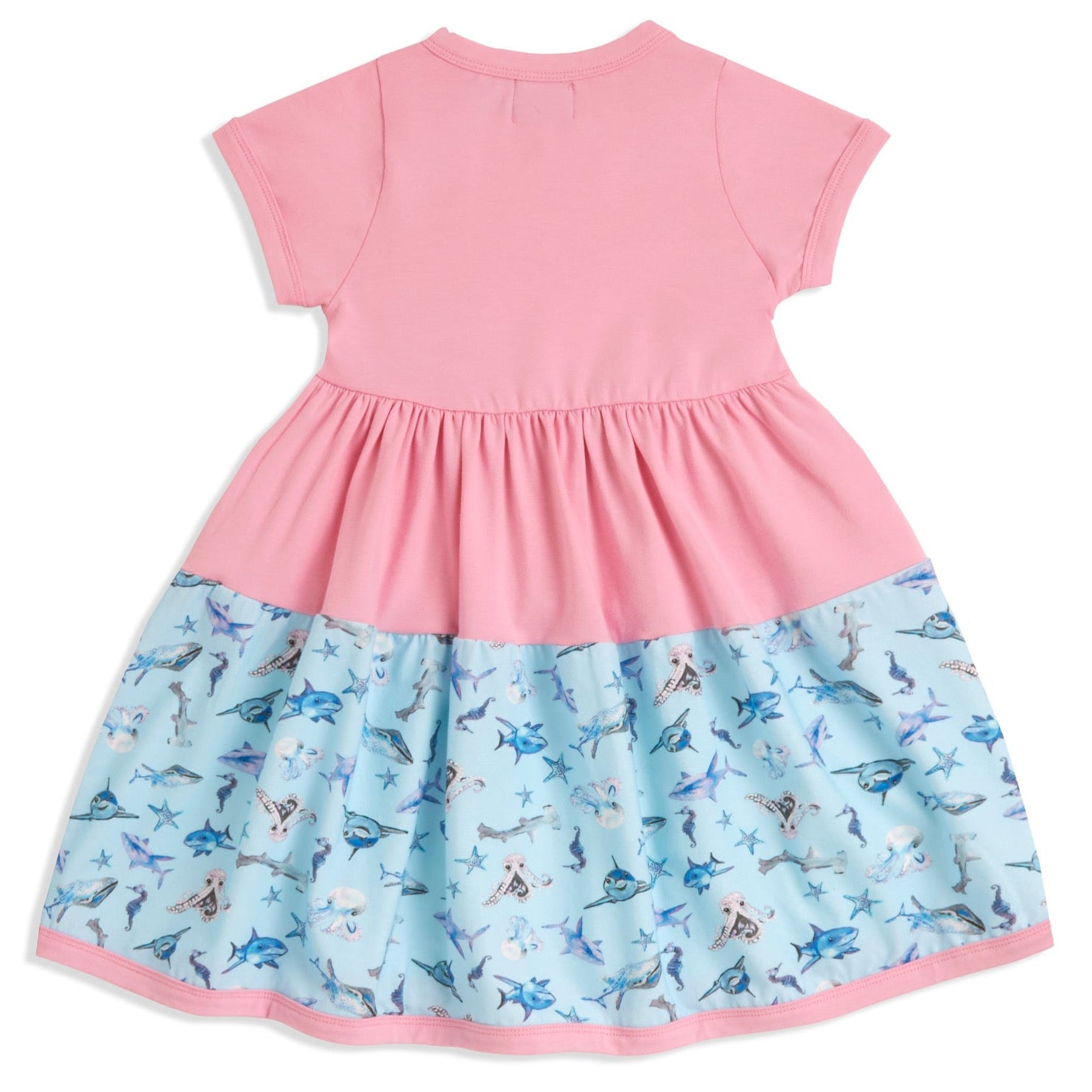 Back of pink girls twirl dress laid flat includes matching scrunchie – breathable cotton fabric and whimsical underwater pattern