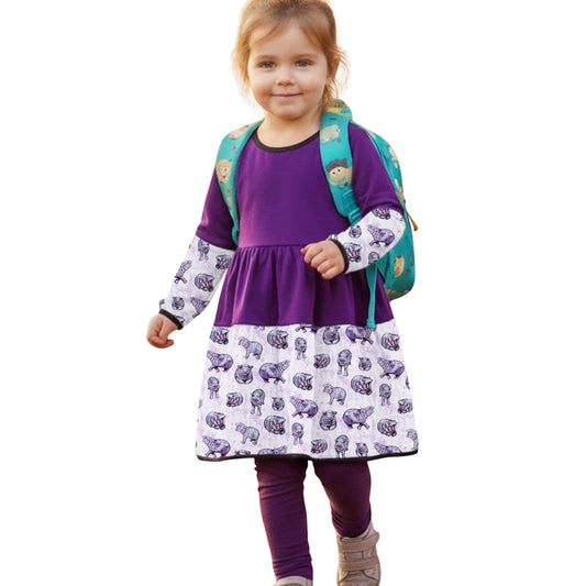 Lulu Hippo Twirl Dress, scrunchie, and leggings set
