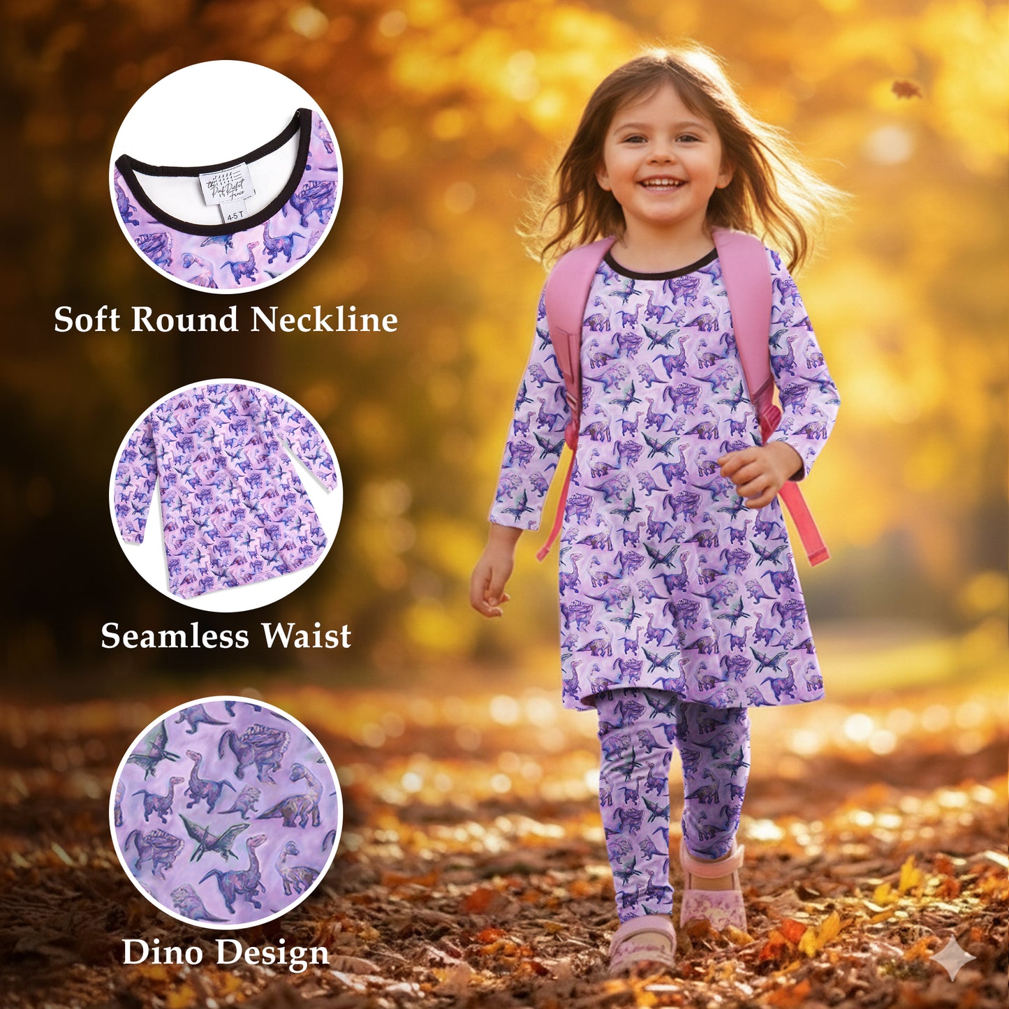 The Pink Picket Fence - Suzie Dinosaur Hoodie, Dress, and Leggings Set in Purple