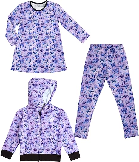 The Pink Picket Fence - Suzie Dinosaur Hoodie, Dress, and Leggings Set in Purple