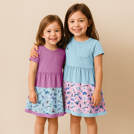 Two young girls wearing short-sleeve colorblock dresses with hand-painted shark patterns on the skirts—one in purple and blue, the other in light blue and pink—smiling and standing side by side against a neutral background.