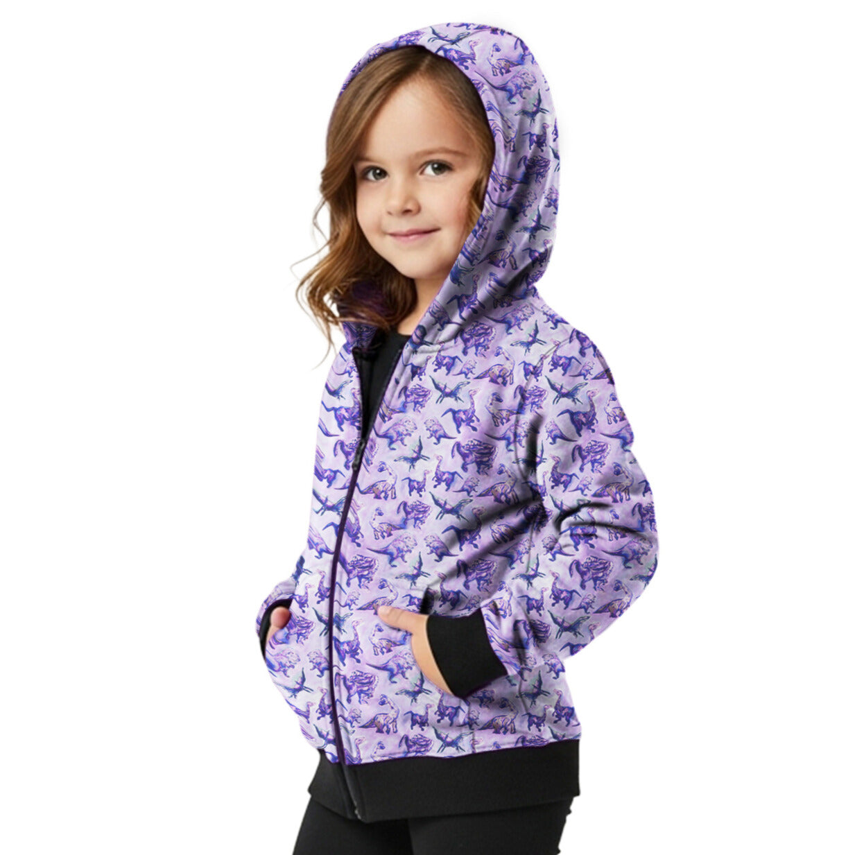 Girl wearing Purple Dinosaur Hoodie – lightweight zip-up jacket – hand-painted dino print – ages 4–6