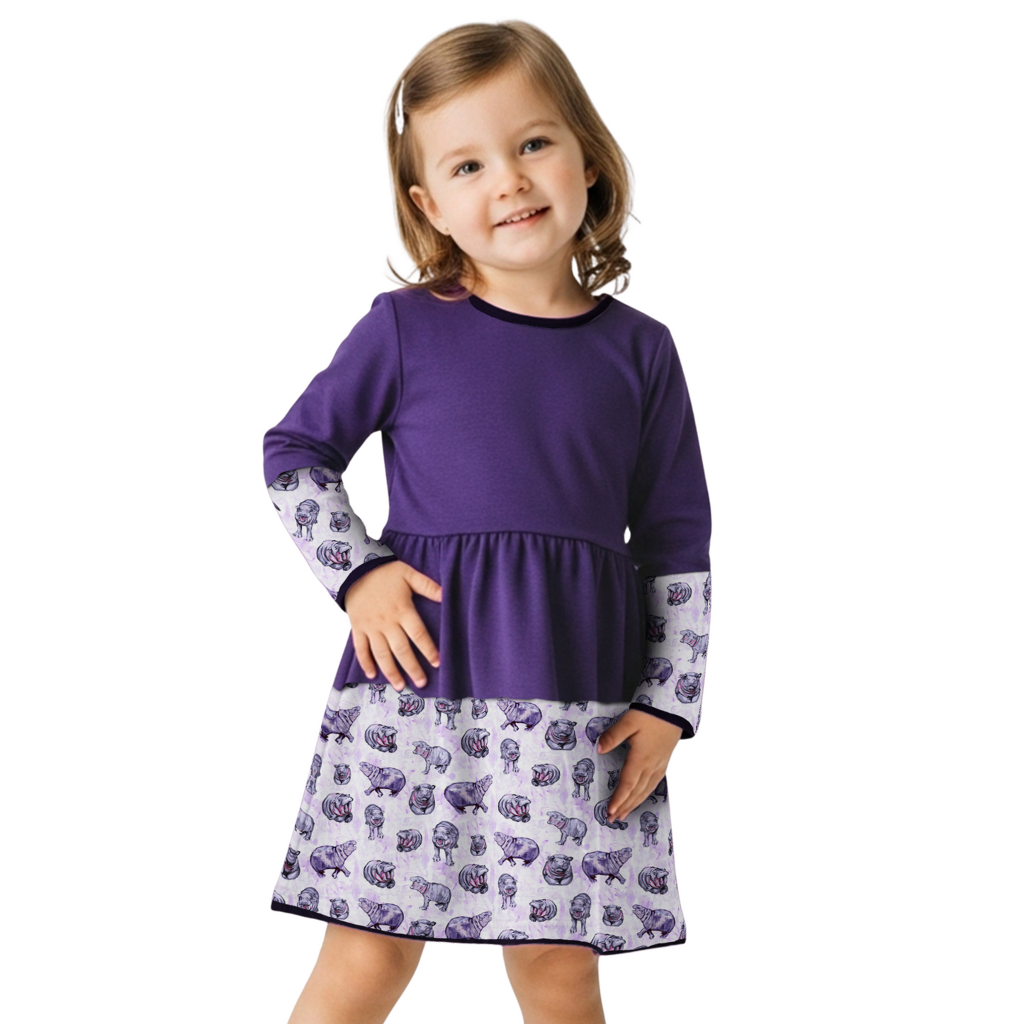 Lulu Hippo Twirl Dress, scrunchie, and leggings set