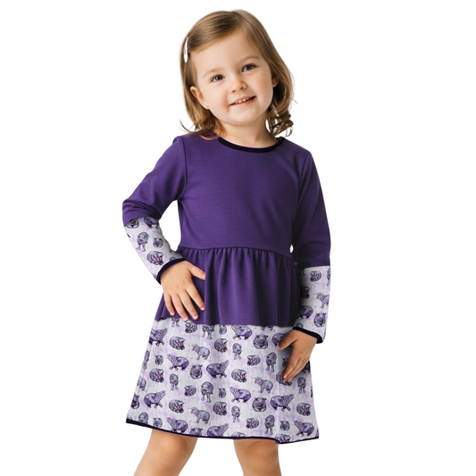 Lulu Hippo Twirl Dress for Girls Ages 2 to 6 - Girls Cotton Hippo Print Twirl Dress, Purple, White, and Pink with Long Sleeve