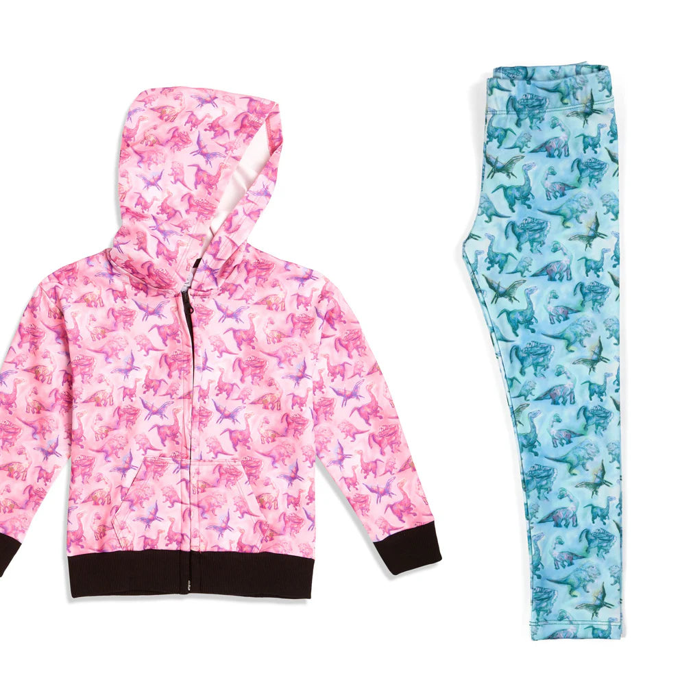 Dino Hoodie and Leggings Set (Pink Hoodie x Blue Leggings)