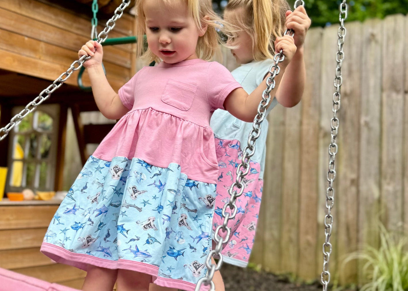 Girls shark print twirl dress, soft cotton summer dress for kids, sensory friendly clothing for toddlers