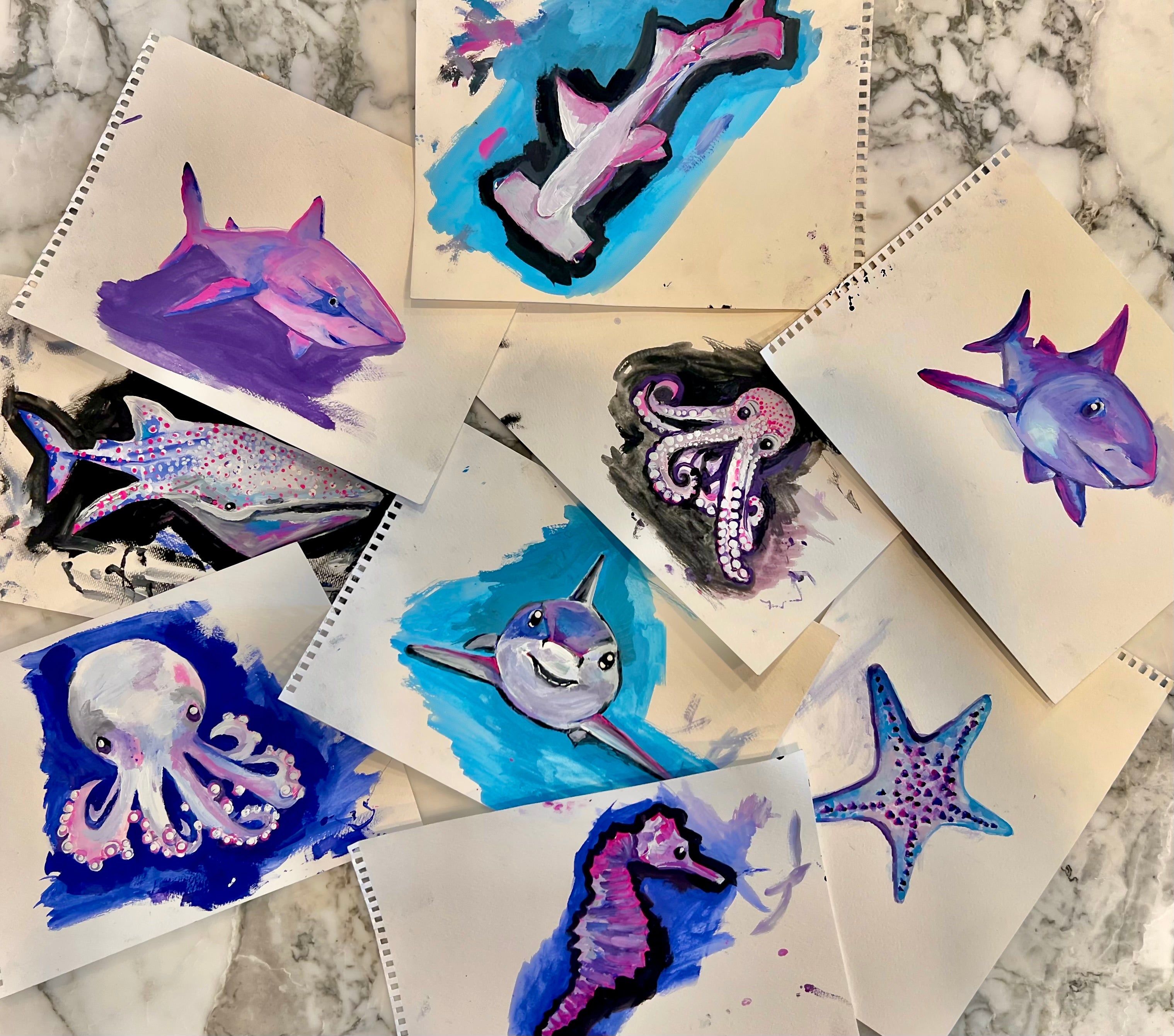 hand painted sea creature artwork used for kids clothing designs sharks octopus starfish The Pink Picket Fence